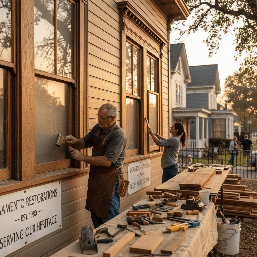 Professional construction scene showing historic window restoration work on a Sacramento home, highlighting Rowe Construction's 40+ years of quality craftsmanship